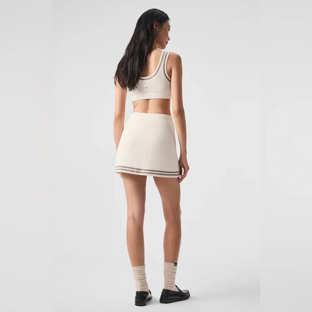 Alo Yoga Tennis Club Sweater Knit Bra & Skirt Set Ivory Gravel Size Small BNWT